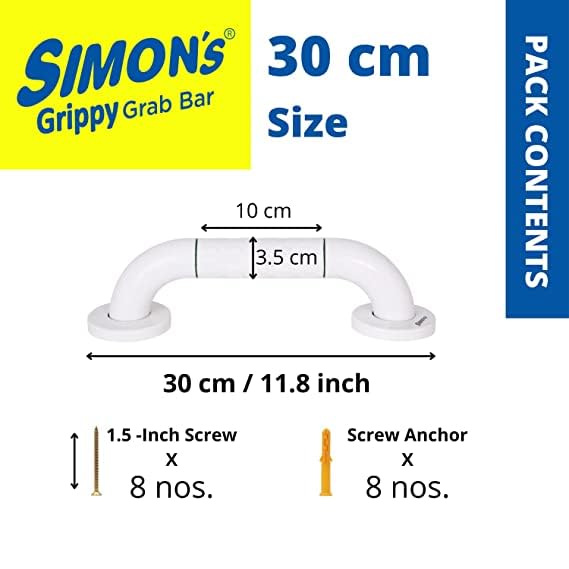 Simon's Grippy Heavy-Duty Nylon and SS304 Inside Bathroom and Toilet Anti Slip Grab bar for Elderly Hand Railing and Safety Handle| White | 3.5 cm Broad, 30 cm Length Grab Rail - 1pcs - Image 2