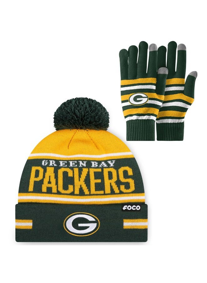 FOCO NFL unisex-adult Nfl Team Logo Adult Stretch Gloves With Big Wordmark Strip Pom Knit Hat Beanie Set - Image 1