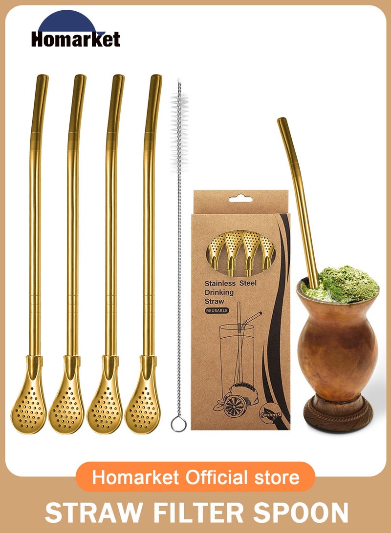 هومار كيت القش مع ملعقة تصفية 4 PCS قابلة لإعادة الاستخدام ستيل قشور الشرب مع 1 PCS فرشاة تنظيف Yerba Mate الشاي Bombilla, Gourd Loose أوراق الشاي, Cocktail - Image 1