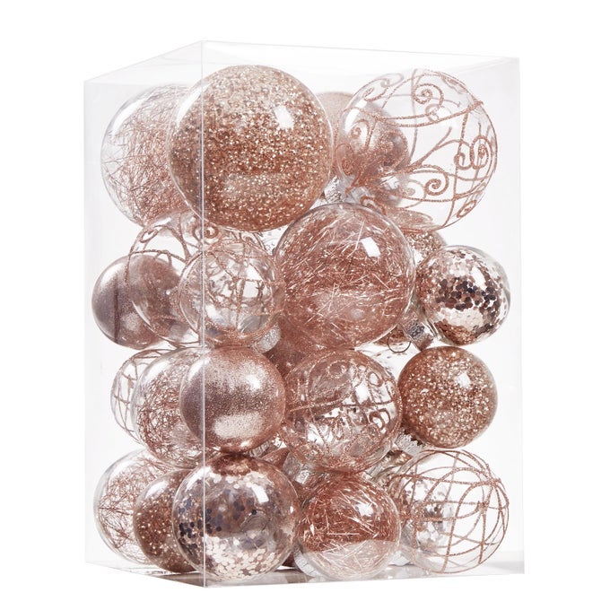 CHRISTMAS BALL ORNAMENTS SHATTERPROOF CLEAR LARGE PLASTIC HANGING BALL DECORATIVE BAUBLES SET WITH STUFFED DELICATE DECORATIONS MULTISIZE ROSE GOLD