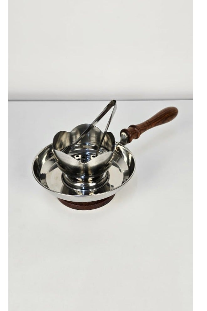 Damanhoor Premium Silver Plated Incense Bakhoor Burner with Wooden Handle & Safety Tong  High Quality Steel