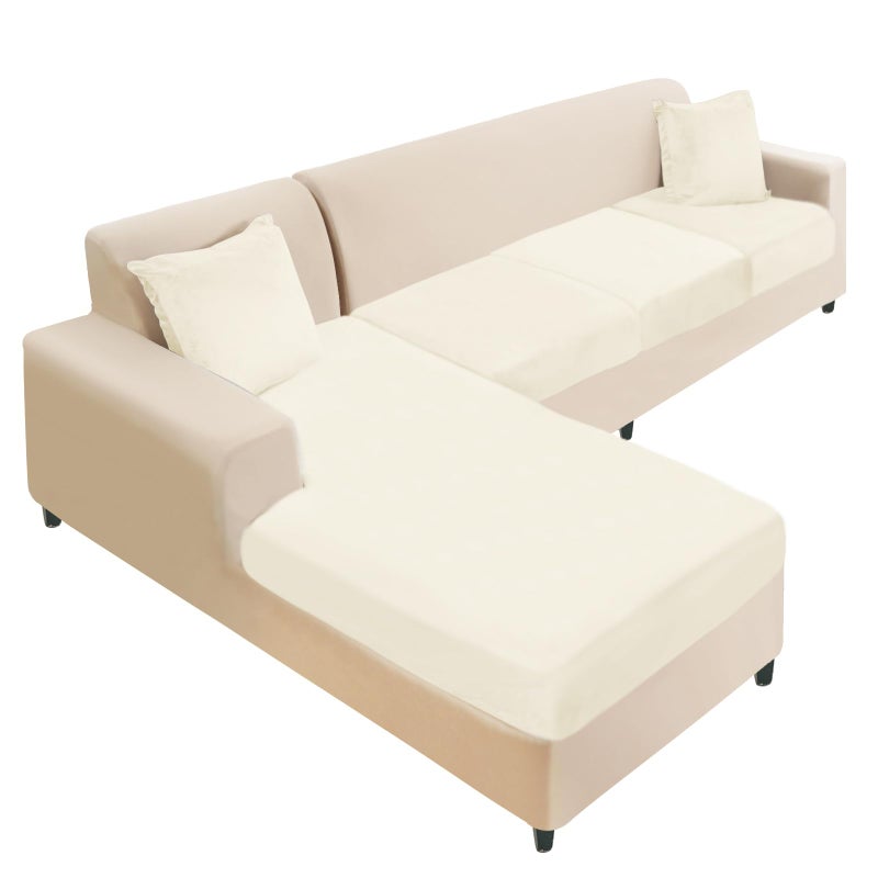 NAISI Sectional Couch Cover 4 Pieces Velvet Separate Couch Cushion Covers L Shape Soft Stretch Sofa Slipcovers with 2pcs Pillowcases for Left/Right Chaise Sectional Couch(3 Seater+1 Chaise Cream) - Image 1