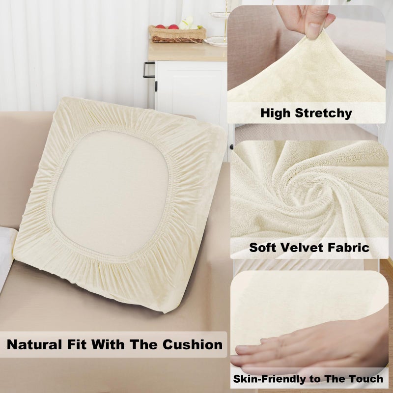 NAISI Sectional Couch Cover 4 Pieces Velvet Separate Couch Cushion Covers L Shape Soft Stretch Sofa Slipcovers with 2pcs Pillowcases for Left/Right Chaise Sectional Couch(3 Seater+1 Chaise Cream) - Image 3
