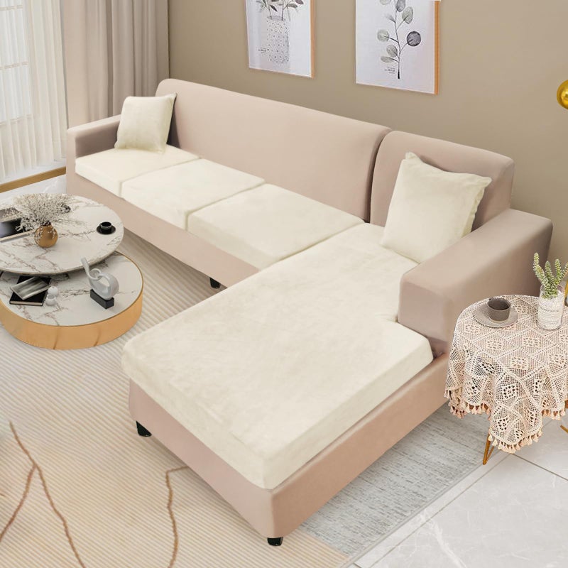 NAISI Sectional Couch Cover 4 Pieces Velvet Separate Couch Cushion Covers L Shape Soft Stretch Sofa Slipcovers with 2pcs Pillowcases for Left/Right Chaise Sectional Couch(3 Seater+1 Chaise Cream) - Image 2