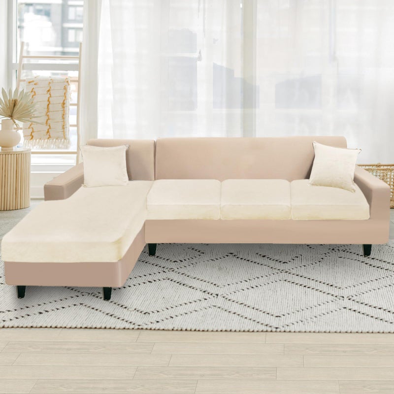 NAISI Sectional Couch Cover 4 Pieces Velvet Separate Couch Cushion Covers L Shape Soft Stretch Sofa Slipcovers with 2pcs Pillowcases for Left/Right Chaise Sectional Couch(3 Seater+1 Chaise Cream) - Image 5