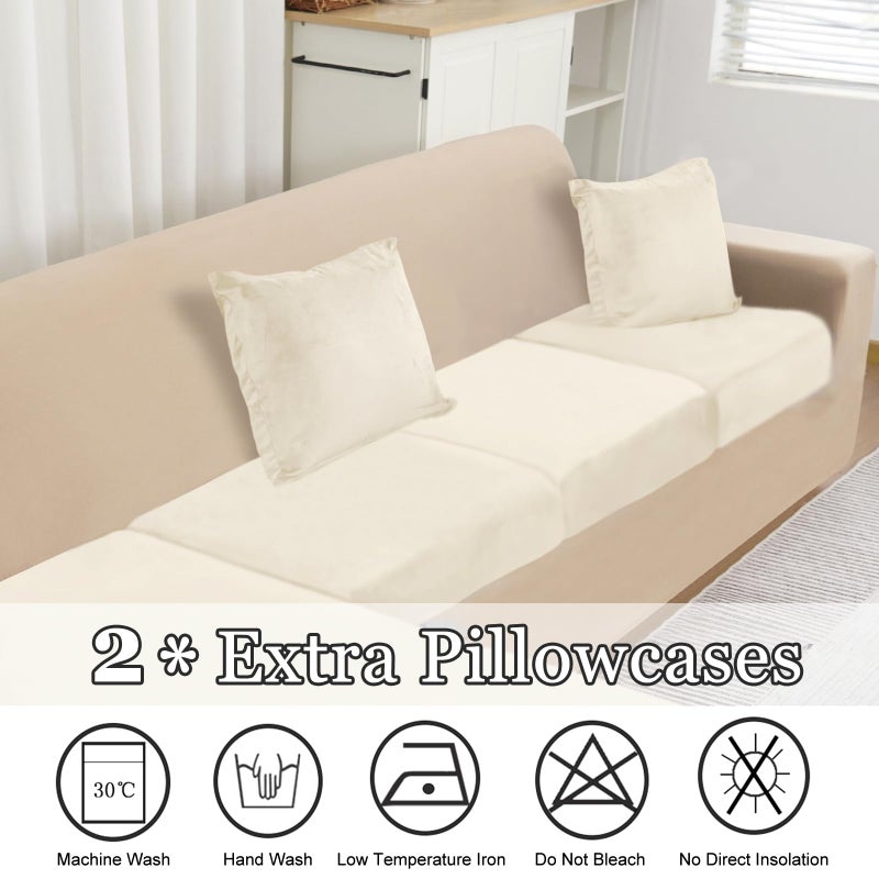 NAISI Sectional Couch Cover 4 Pieces Velvet Separate Couch Cushion Covers L Shape Soft Stretch Sofa Slipcovers with 2pcs Pillowcases for Left/Right Chaise Sectional Couch(3 Seater+1 Chaise Cream) - Image 4