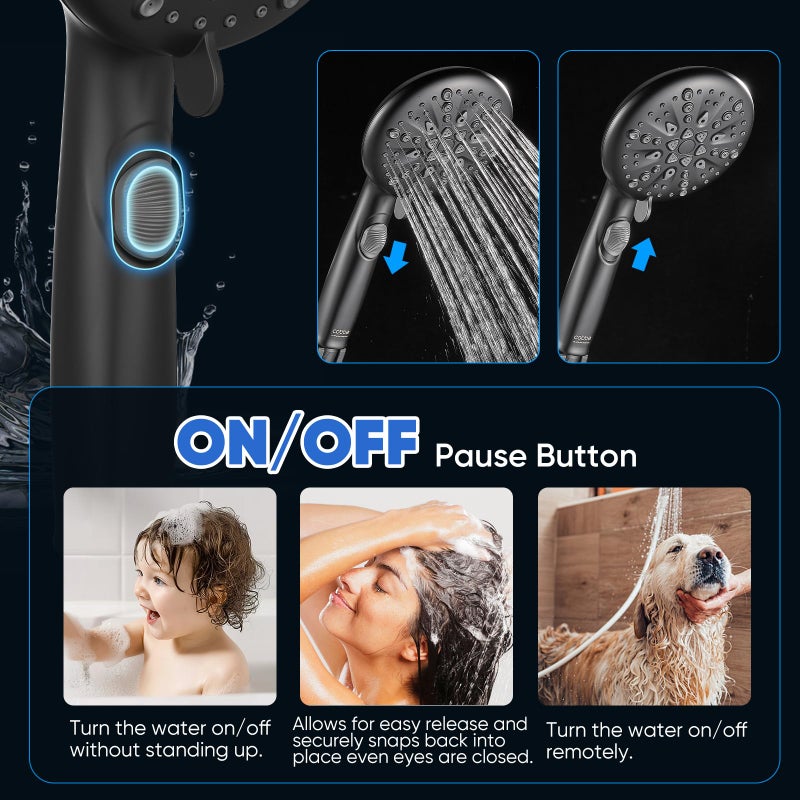 Cobbe High Pressure Shower Head with Built-in Pause Button, 9-Function Detachable Showerhead with Handheld Brass Swivel Bracket & Stainless Steel Hose, Water Saving 1-Click Stop, Black - Image 3