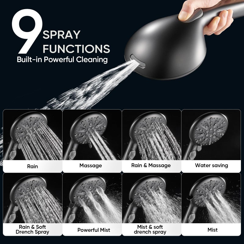 Cobbe High Pressure Shower Head with Built-in Pause Button, 9-Function Detachable Showerhead with Handheld Brass Swivel Bracket & Stainless Steel Hose, Water Saving 1-Click Stop, Black - Image 2