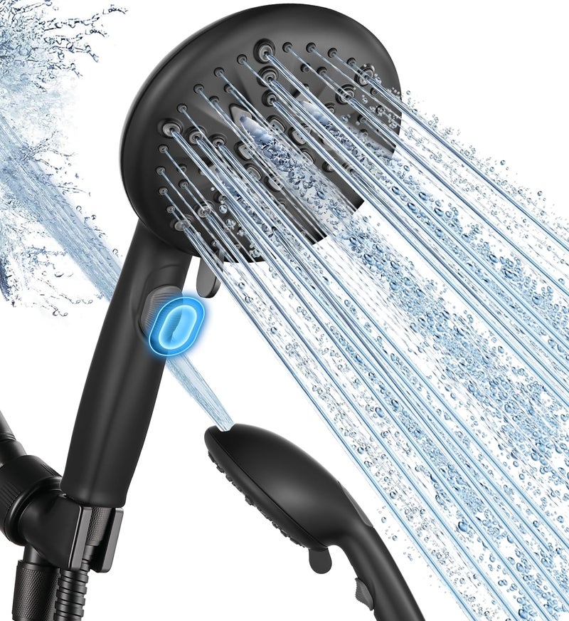 Cobbe High Pressure Shower Head with Built-in Pause Button, 9-Function Detachable Showerhead with Handheld Brass Swivel Bracket & Stainless Steel Hose, Water Saving 1-Click Stop, Black - Image 1