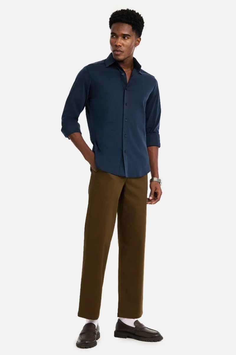 سنيتش Navy Blue Solid Long Sleeve Slim Fit Formal Luxe Shirt