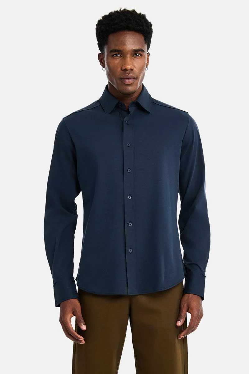 سنيتش Navy Blue Solid Long Sleeve Slim Fit Formal Luxe Shirt