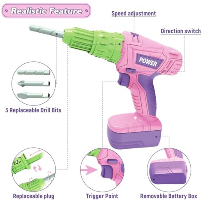 EP EXERCISE N PLAY Kids Construction Tool Set for 3 4 5 6 7 Year Old Boys Girl,Pink Preschool Pretend Play Tool,Pretend Play Tools Set Toddler Toys,with Electric Drill ChainsawElectric Drill,Toy Tools Gifts for Kids - Image 2