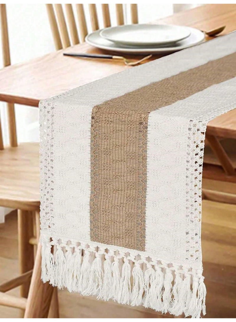 Bohemian Table Runner with Tassels – Handmade Patchwork Crochet Lace Design in Cream & Brown, Rustic Farmhouse Style Table Decor for Dining Table, Coffee Table & Bedroom – Perfect for Weddings, Parties, Festivals, Christmas, Halloween & Holiday Celebrations - Image 2