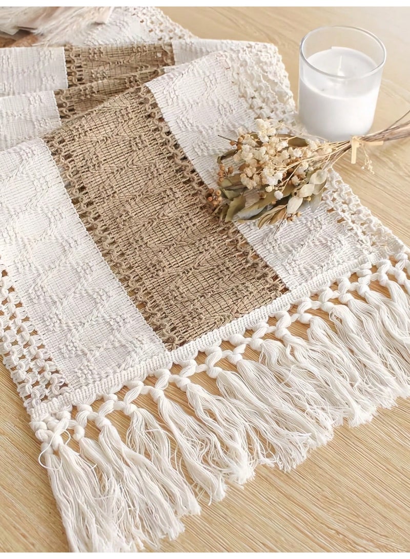 Bohemian Table Runner with Tassels – Handmade Patchwork Crochet Lace Design in Cream & Brown, Rustic Farmhouse Style Table Decor for Dining Table, Coffee Table & Bedroom – Perfect for Weddings, Parties, Festivals, Christmas, Halloween & Holiday Celebrations - Image 1