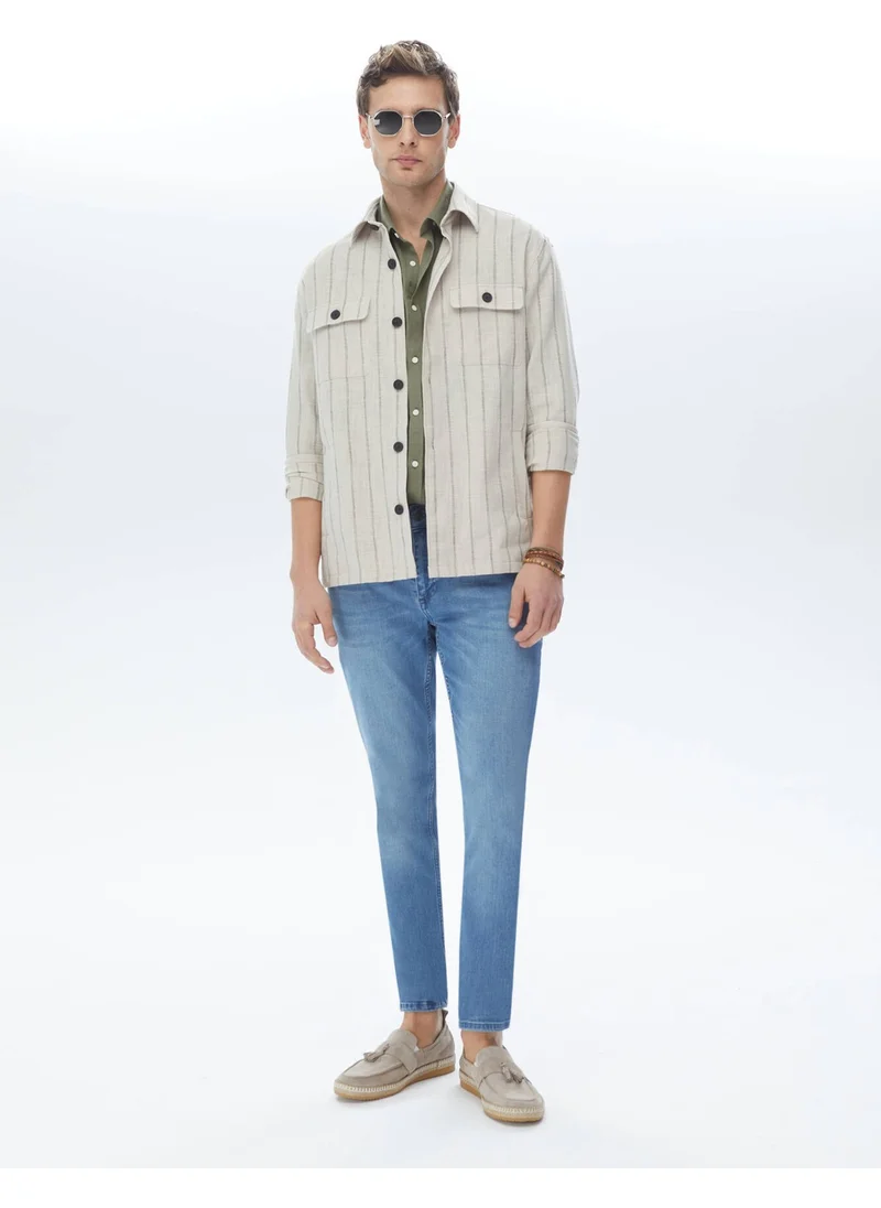 Kip Beige Striped Oversize Fit Woven 100% Cotton Overshirt