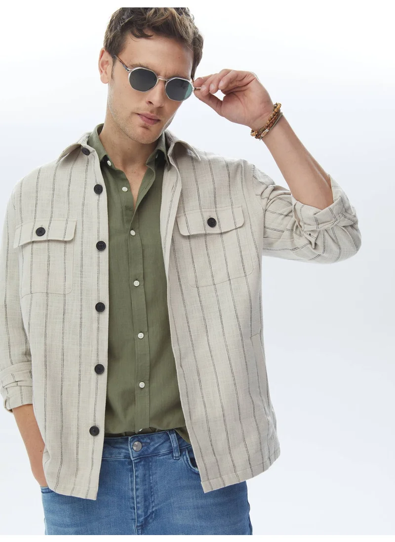 Kip Beige Striped Oversize Fit Woven 100% Cotton Overshirt