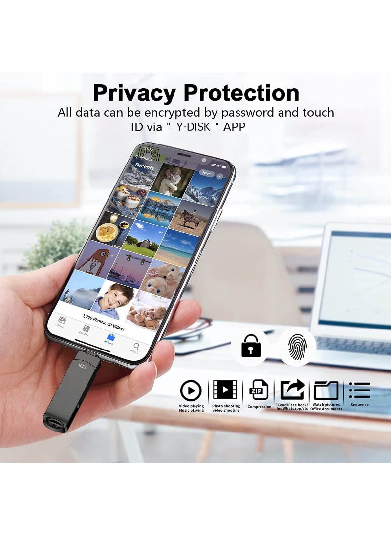 محرك أقراص فلاش 1 تيرابايت لجهاز iPhone Photo Stick USB 3.0 Flash Drive Photo Stick Memory Stick تخزين خارجي لجهاز Iphone Ipad Android Pc أسود  - Image 2