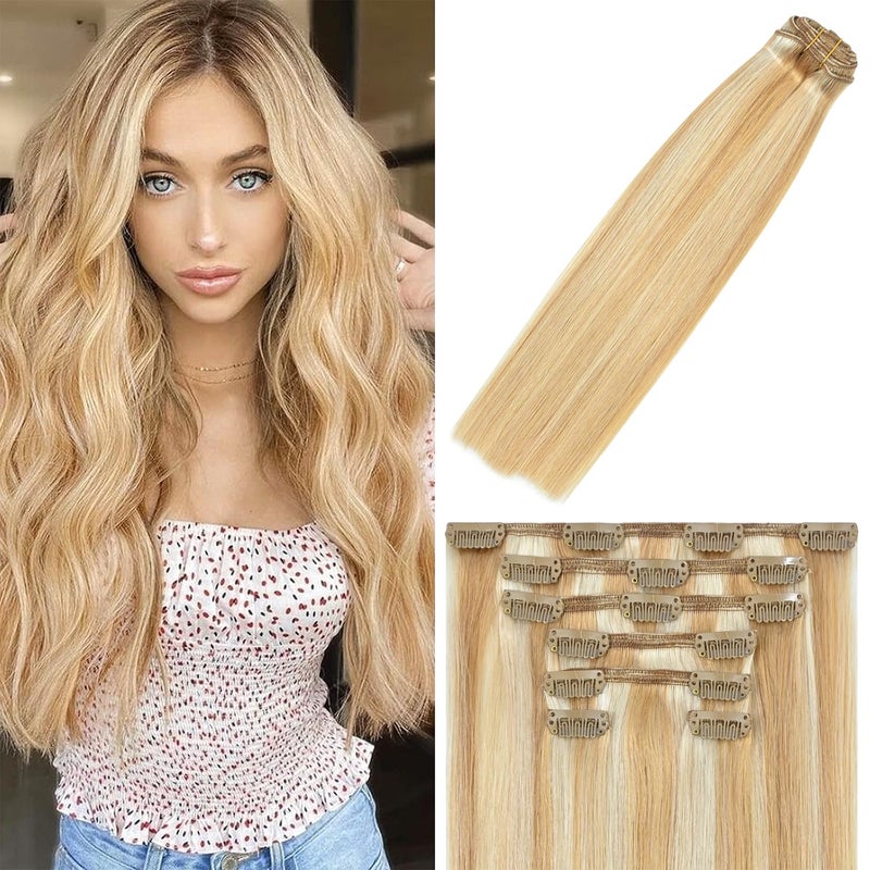 WindTouch Clip in Hair Extensions Human Hair Balayage Golden brown to Blonde 75g 22Inch Human Hair Extensions 7PCS 27p613