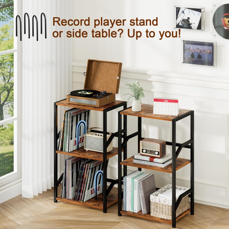 LOAKEKEL Record Player Stand, Vinyl Record Storage Up to 200 Albums, 3 Tier End Table with Removable Dividers, Tall Side Table for Living Room, Bedroom, Rustic Brown, HETCD010BR-1 - Image 5