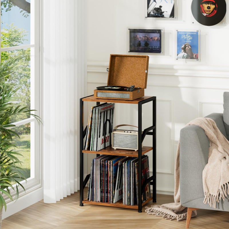 LOAKEKEL Record Player Stand, Vinyl Record Storage Up to 200 Albums, 3 Tier End Table with Removable Dividers, Tall Side Table for Living Room, Bedroom, Rustic Brown, HETCD010BR-1 - Image 2