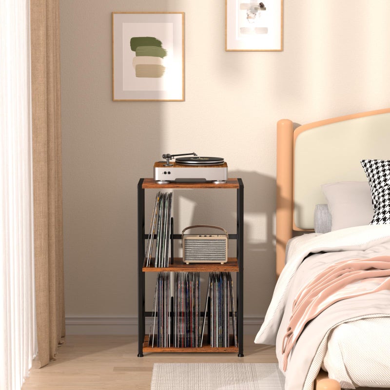 LOAKEKEL Record Player Stand, Vinyl Record Storage Up to 200 Albums, 3 Tier End Table with Removable Dividers, Tall Side Table for Living Room, Bedroom, Rustic Brown, HETCD010BR-1 - Image 4