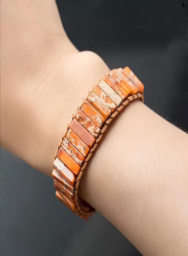 كون بيد أساور كونبيد البرتقالية من حجر اليشب الإمبراطوري للنساء، مصنوعة يدويًا من الجلد، مرصعة بأحجار اليشب الطبيعية، مناسبة للشفاء، وتدعم اليوغا والريكي، قابلة للتعديل. - Image 5