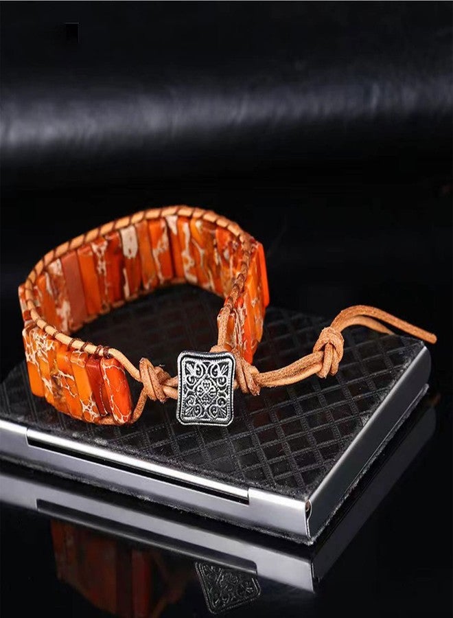 كون بيد أساور كونبيد البرتقالية من حجر اليشب الإمبراطوري للنساء، مصنوعة يدويًا من الجلد، مرصعة بأحجار اليشب الطبيعية، مناسبة للشفاء، وتدعم اليوغا والريكي، قابلة للتعديل. - Image 2