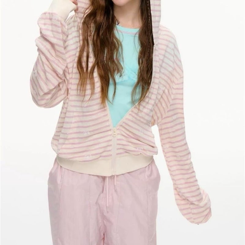 MANGMAO Striped Cute Hoodies Teen Girls Y2k Cutecore Sweater Kawaii Lightweight Zip Up Hoodie Fairy Grunge Clothes (Pink Striped,Medium) - Image 3
