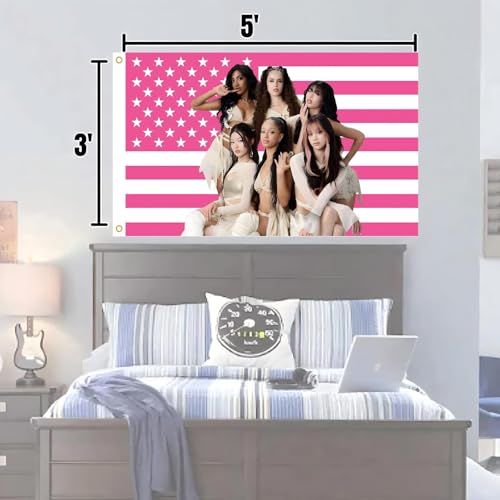 WENWELL Katseye Pink American Flag Tapestry, 3x5 FT Polyester Wall Hanging with Brass Grommets, Single-Side Print for Bedroom Studio Decor - Image 3