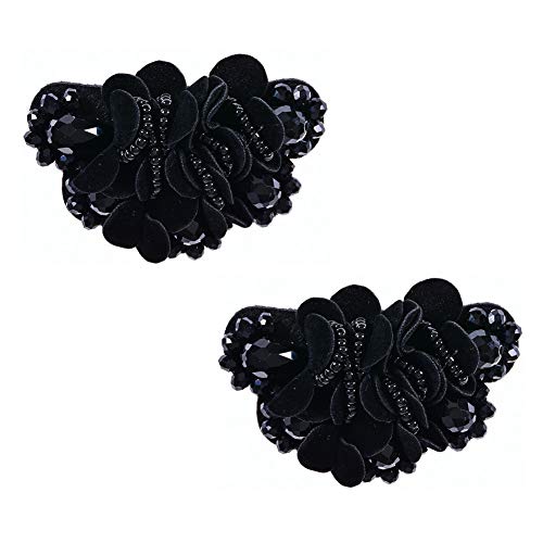 Douqu 2 Pcs 2.8inch Women Bow Flower Crystal Flip Flop Shoe Charms Beaded Fashion Shoe Clips (Black) - Image 4