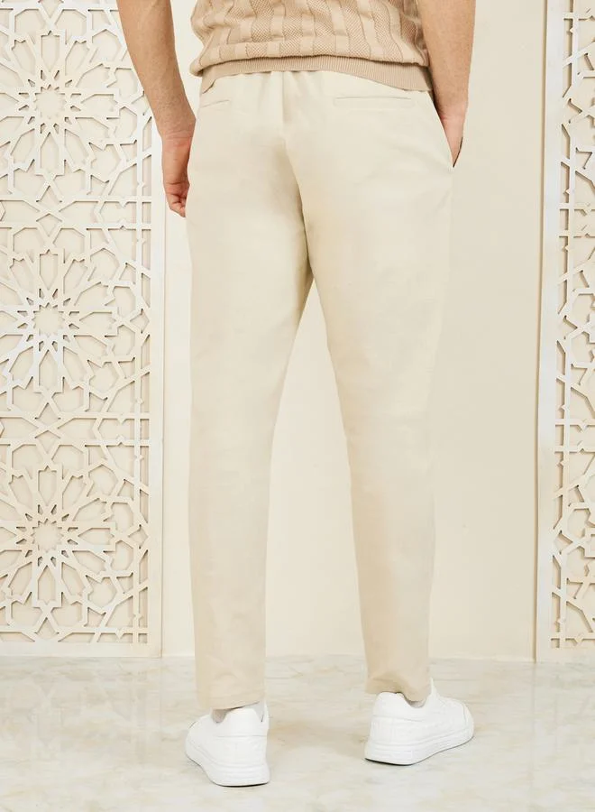 Styli Cotton Slub Pleated Stretch Slim Fit Chino Pants