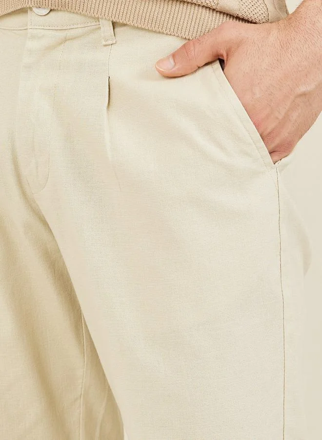 Styli Cotton Slub Pleated Stretch Slim Fit Chino Pants