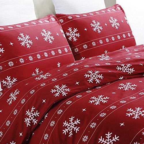 Vaulia Soft Microfiber Christmas Bedding Duvet Cover Set, Snowflake Pattern Design for Holidays, Red Color - Queen Size (1 Duvet Cover and 2 Pillow Shams) - Image 4