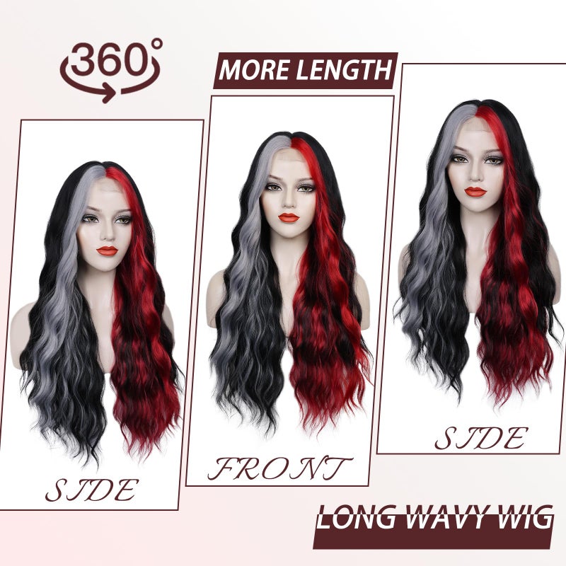 WECAN Black Red Gray Wig 28 Inches Long Black Red Wavy Wigs For Women Synthetic Hair Replacement Wigs Halloween Cosplay Daily Party Heat-Resistant Fiber Wig - Image 2