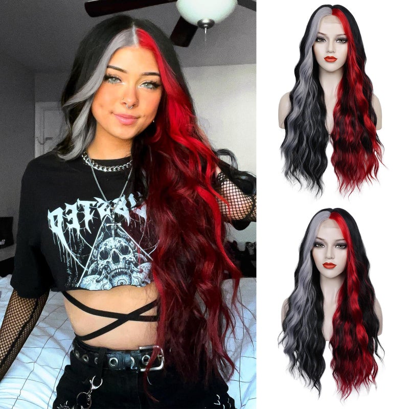 WECAN Black Red Gray Wig 28 Inches Long Black Red Wavy Wigs For Women Synthetic Hair Replacement Wigs Halloween Cosplay Daily Party Heat-Resistant Fiber Wig - Image 1
