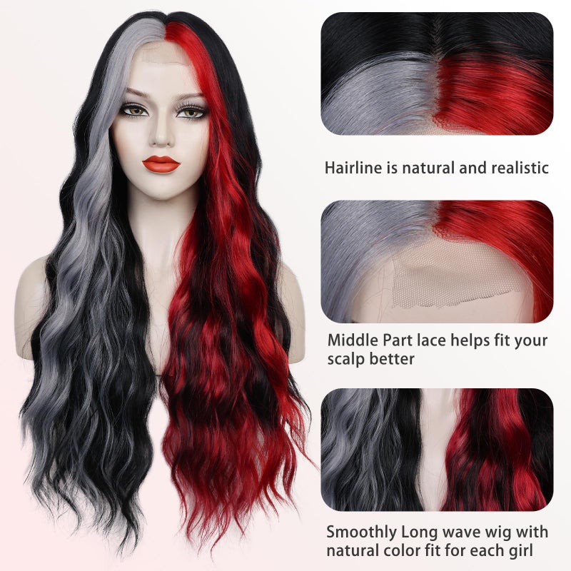 WECAN Black Red Gray Wig 28 Inches Long Black Red Wavy Wigs For Women Synthetic Hair Replacement Wigs Halloween Cosplay Daily Party Heat-Resistant Fiber Wig - Image 4