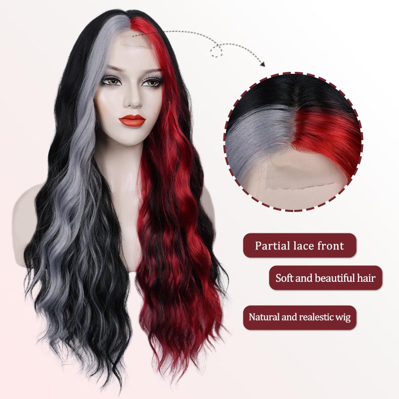 WECAN Black Red Gray Wig 28 Inches Long Black Red Wavy Wigs For Women Synthetic Hair Replacement Wigs Halloween Cosplay Daily Party Heat-Resistant Fiber Wig - Image 3