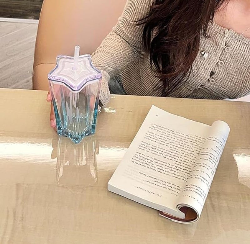 Luxansa كوب ماء زجاجي لكسنسا ستار مع غطاء وقشة 400 مل مجموعة من 1 تصميم نجمة خماسية لطيف زجاج ملون كوب قهوة لشرب العصائر والسموذي والشاي المثلج كوب داخلي وخارجي - Image 4