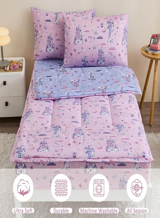 Anibedding طقم لحاف أنيبيدينج مكون من 3 قطع بسحاب للبنات، طقم سرير مزدوج بسحاب كامل مع غطاء وسادة للأطفال، لون قلعة وردية - Image 2