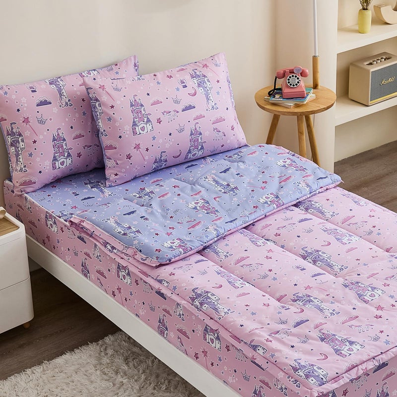 Anibedding طقم لحاف أنيبيدينج مكون من 3 قطع بسحاب للبنات، طقم سرير مزدوج بسحاب كامل مع غطاء وسادة للأطفال، لون قلعة وردية - Image 1