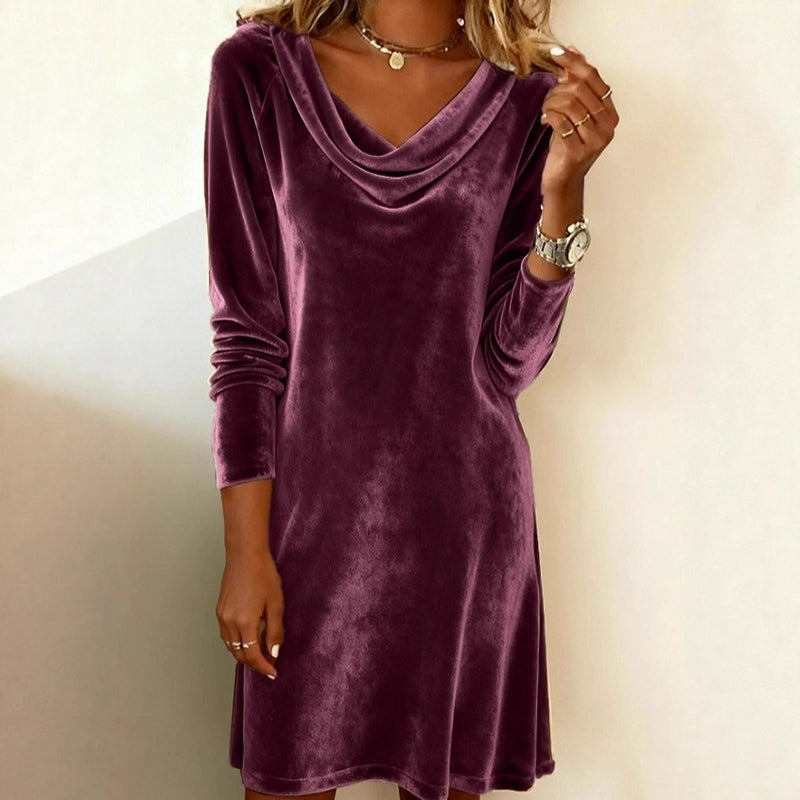 Solid Velvet Long Sleeve Cowl Neck Dress for Women - Image 4