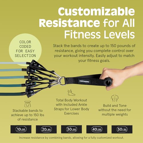 Retrospec Train Resistance Bands Workout Bands w/Handles, Door Anchor, Carry Bag for Women & Men, Undertow, Set (5pc) - Image 4