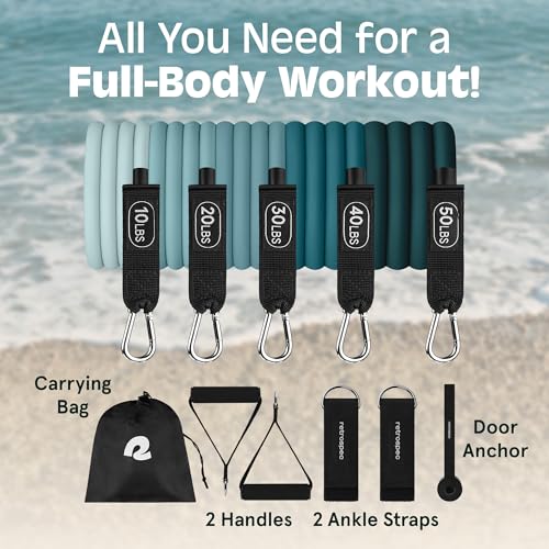 Retrospec Train Resistance Bands Workout Bands w/Handles, Door Anchor, Carry Bag for Women & Men, Undertow, Set (5pc) - Image 2