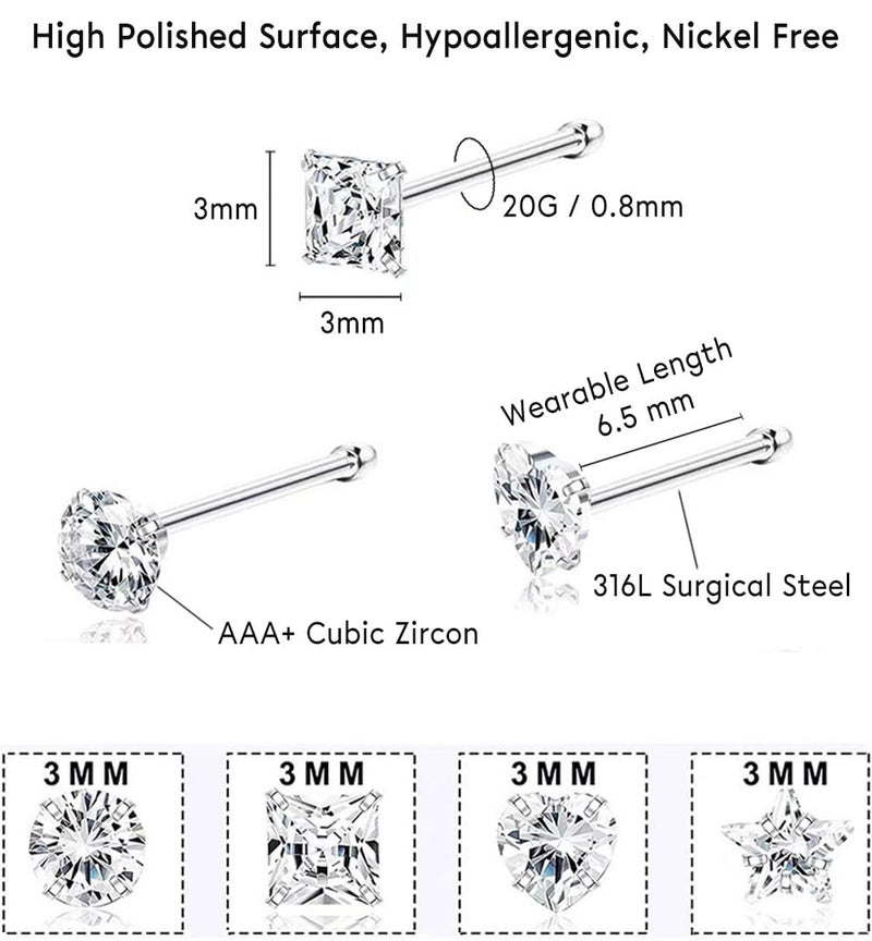 SEEDRILL 8Pcs 20G Nose Rings studs for Woman Hypoallergenic Straight Nose Studs 316L Surgical Steel with Gold Plated Nose Piercings Jewelry 3mm CZ L Shape Nose Ring 20 Gauge Nose Stud Nose Screw Studs - Image 3