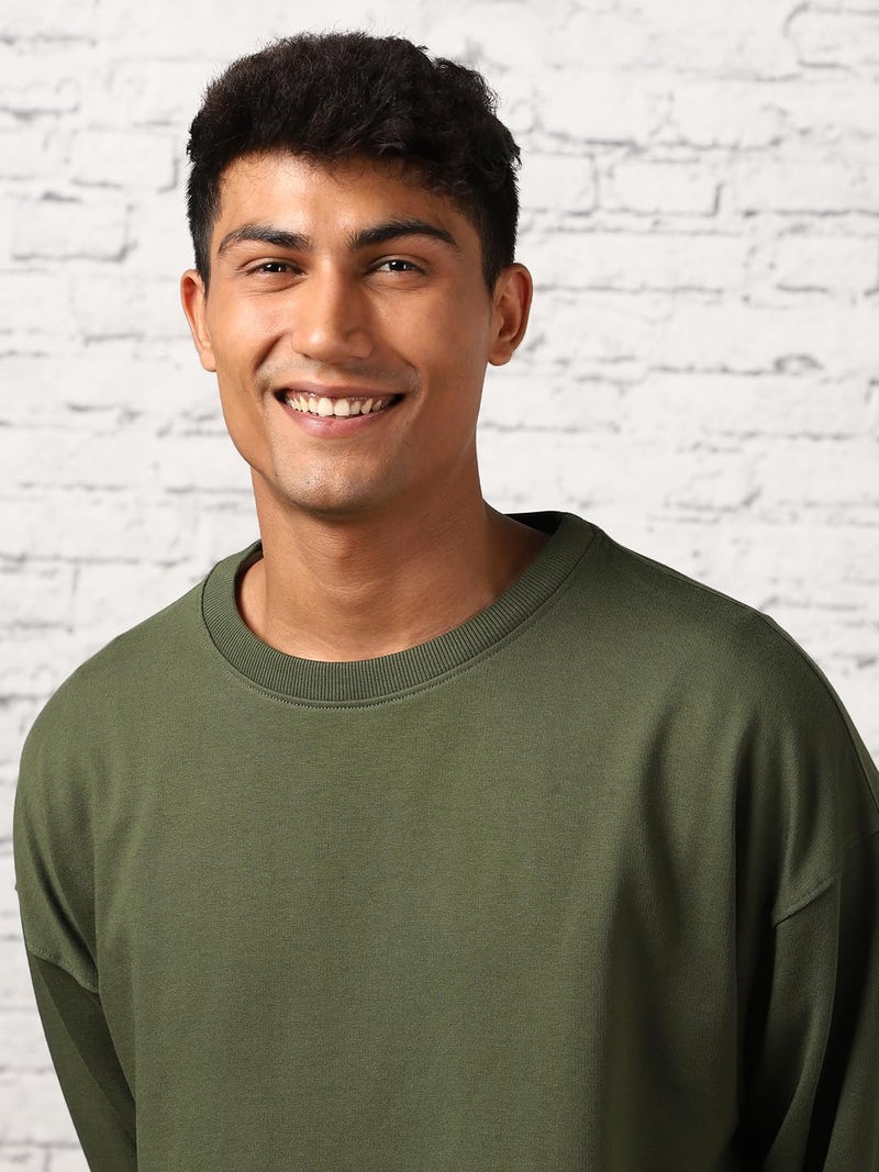 NOBERO Men's Cotton Blend Crew Neck Oversized Sweatshirt (1M-TWSS-R0005_Olive Green, Medium - Image 2