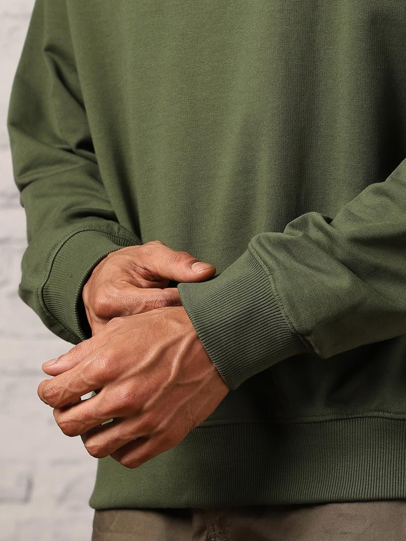 NOBERO Men's Cotton Blend Crew Neck Oversized Sweatshirt (1M-TWSS-R0005_Olive Green, Medium - Image 3