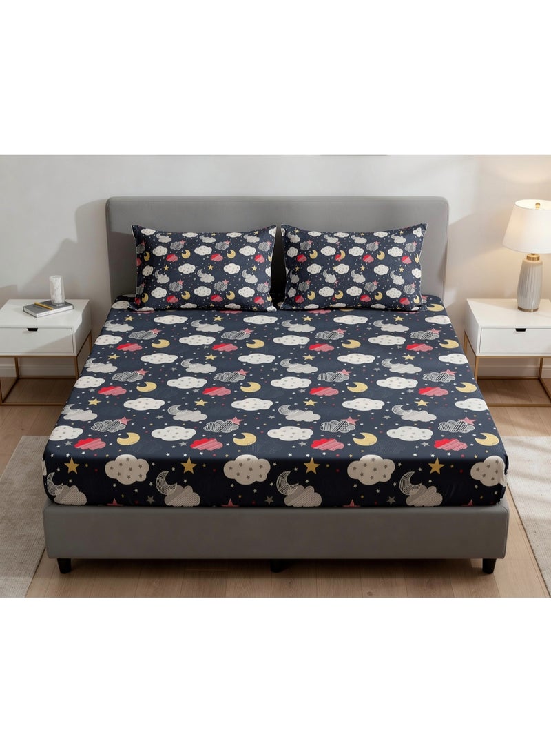 ريشا هوم 3-Piece Queen Size Fitted Bedsheet Set – 180 TC Premium Printed Fitted Sheet with 2 Pillowcases (180x200x20 cm) - Image 1