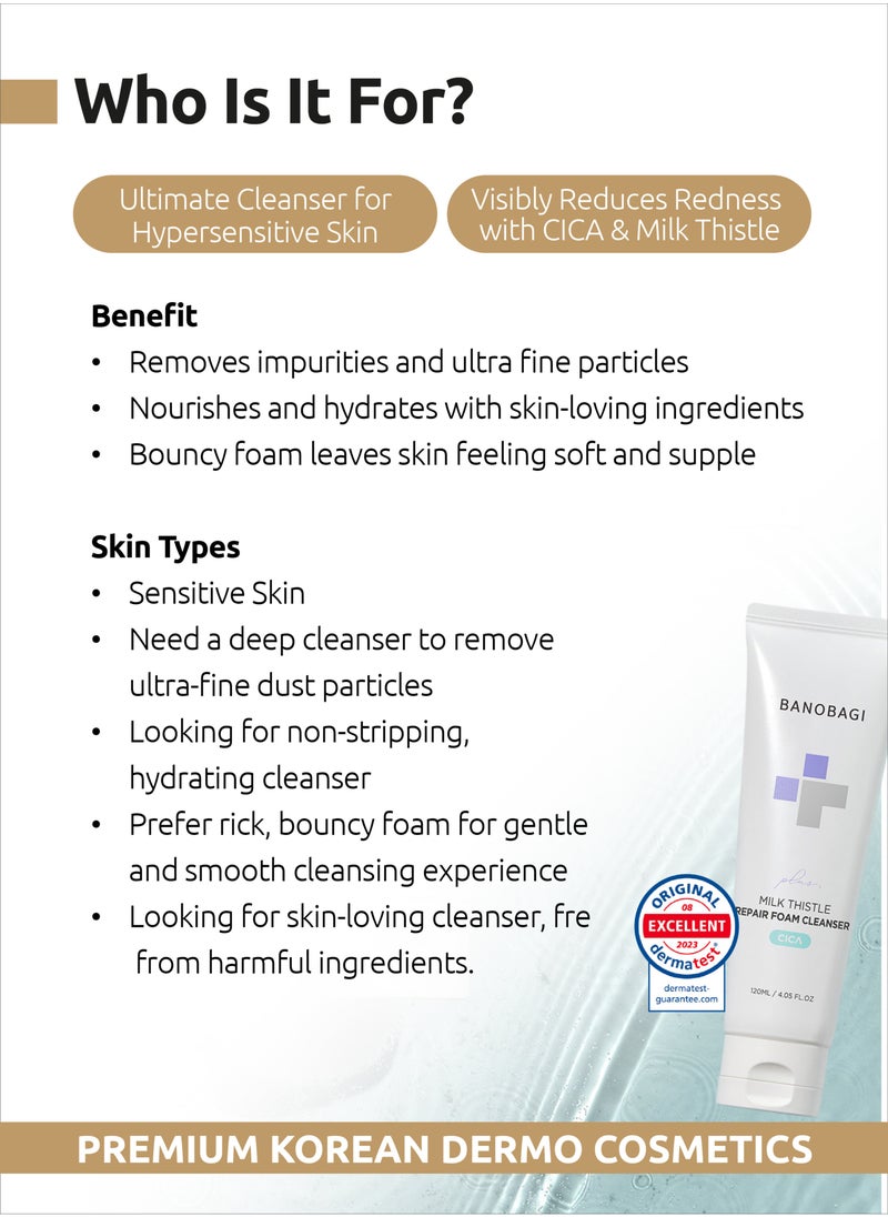 Banobagi Milk Thistle Repair Foam Cleanser, Sensitive, Hydrating with CICA, Hyaluronic Acid, Salicylic Acid for Exfoliation 120ml  - Image 2