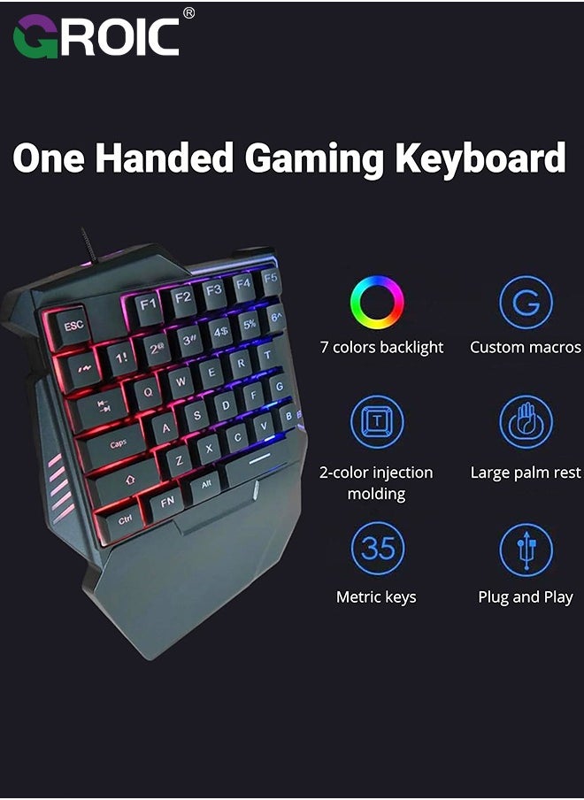 GROIC مجموعة لوحة مفاتيح وماوس للألعاب RGB بيد واحدة، لوحة مفاتيح ألعاب صغيرة مكونة من 35 مفتاحًا، ماوس ألعاب 6D، وحدة تحكم ألعاب محمولة للاعبي الكمبيوتر الشخصي  - Image 2
