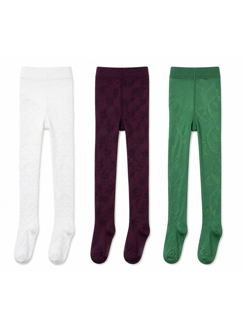 3-Piece Girls Patterned Footed Tights Set – White, Plum & Green | Soft Stretch